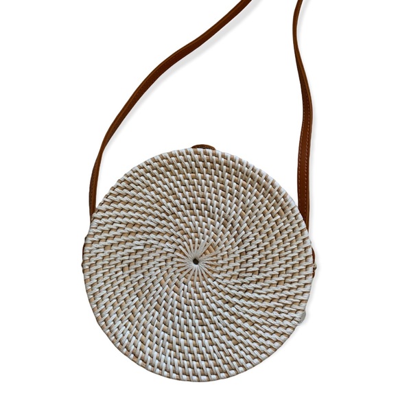 Bali Bohemian Rattan Floral Print Handwoven Handmade Basket Crossbody Purse - Picture 8 of 14